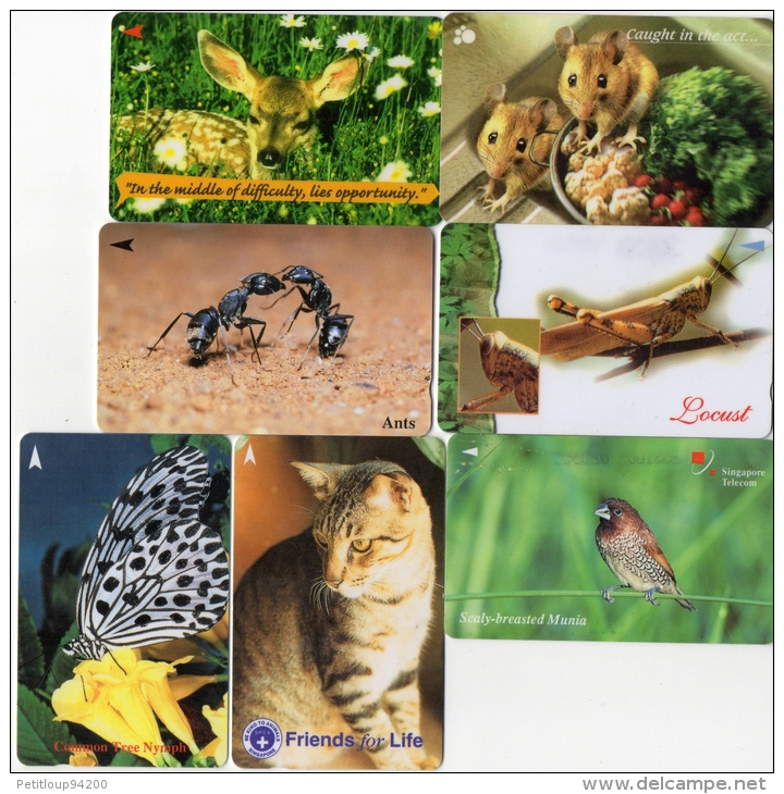 TELECARTES   SINGAPOUR  5$ 10$ 20$  Oiseau,Papillon,Chat,Insecte,Biche  Bird,Butterfly,Cat,Insect ,Doe       (lot De 7) - Singapour