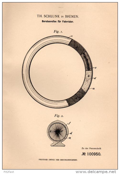 Original Patentschrift - Th. Schlunk In Bremen , 1898 , Reifen Für Fahrräder , Borstenreifen , Fahrrad !!! - Historische Dokumente