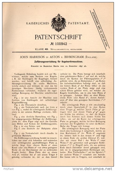 Original Patentschrift - J. Harrison In Aston B. Birmingham ,1897 , Ball Sorting Machine !!! - Tools