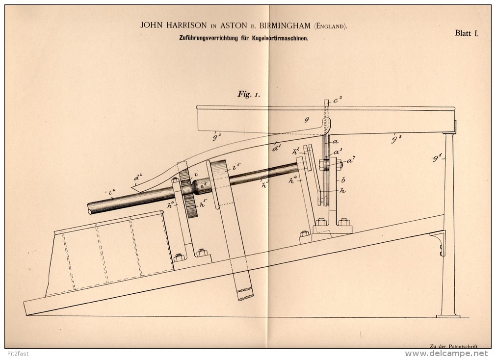 Original Patentschrift - J. Harrison In Aston B. Birmingham ,1897 , Ball Sorting Machine !!! - Tools