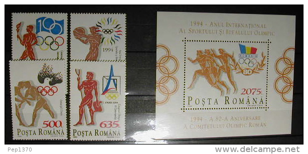 RUMANIA 1994 - CENTENARIO DEL COI - YVERT Nº 4175A-4175D + BLOCK Nº 237 - Ungebraucht