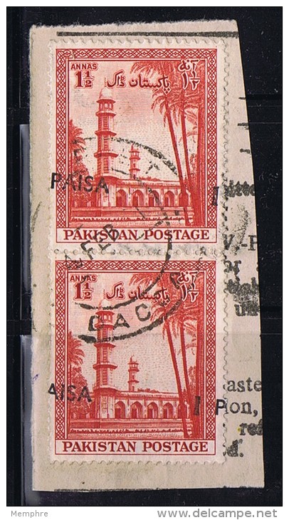 1961  Variety - Error  1 Paisa  On 1&frac12;a  Strongly Misplaced Overprint SG 122 Pair Used On Piece - Pakistan