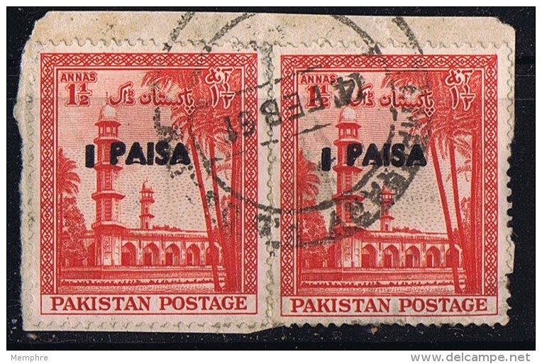 1961  Variety - Error  1 Paisa  On 1&frac12;a  Double Overprint SG 122 Pair Used On Piece - Pakistán