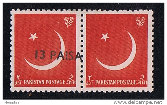 1961  Variety - Error  13 Paisa  On 1a  Pair, One Without  Overprint    SG 127 MNH - Pakistán