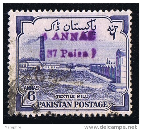 1961   6 As. Textile Mill  SG 74   Handstamped With New Currency Value - Pakistan