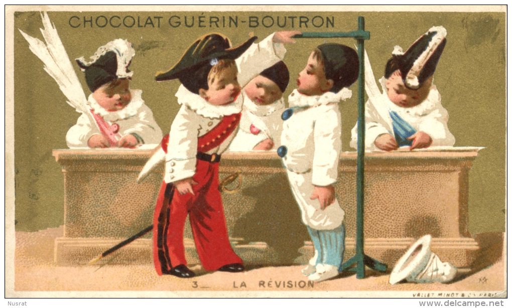 Chocolat Guérin Boutron, Jolie Chromo Lith. Vallet Minot, Pierrots, Gendarme, La Bataille - Guerin Boutron