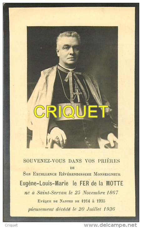 Image Religieuse, Souvenir Pour Eugène Louis Marie Le Fer De La Motte, Evêque Nantes 1914-35 - Devotion Images