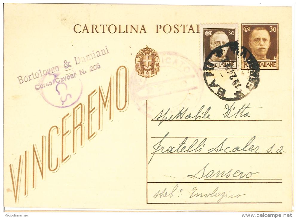 L39) LUOGOTENENZA CARTOLINA POSTALE VINCEREMO 30 CENT. DEL 1942 VIAGGIATA - Storia Postale