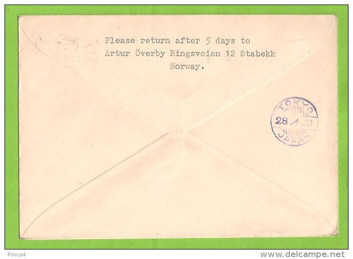 NORVEGIA NORGE FIRST FLIGHT OSLO - TOKIO BUSTA SCANDINAVIAN AIRLINES DEL 19-4-1951 - Lettres & Documents