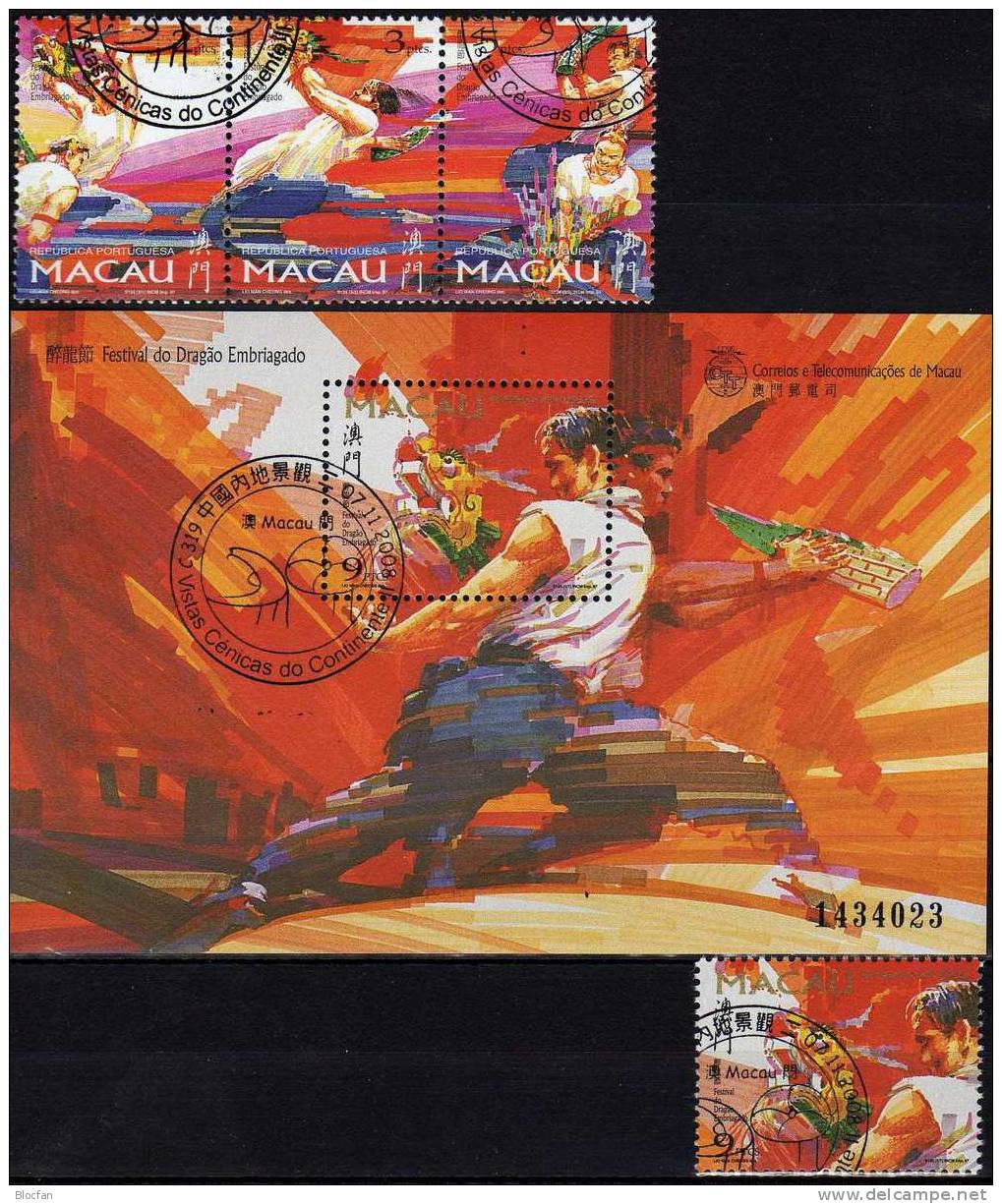 Drachenfestival 1997 MACAU 913/15,ZD,916+Block 45 O 16€ Drachenfest Tänzer Bänder Fahnen Feuerwerk Bf M/s Sheet Of Macao - Usados