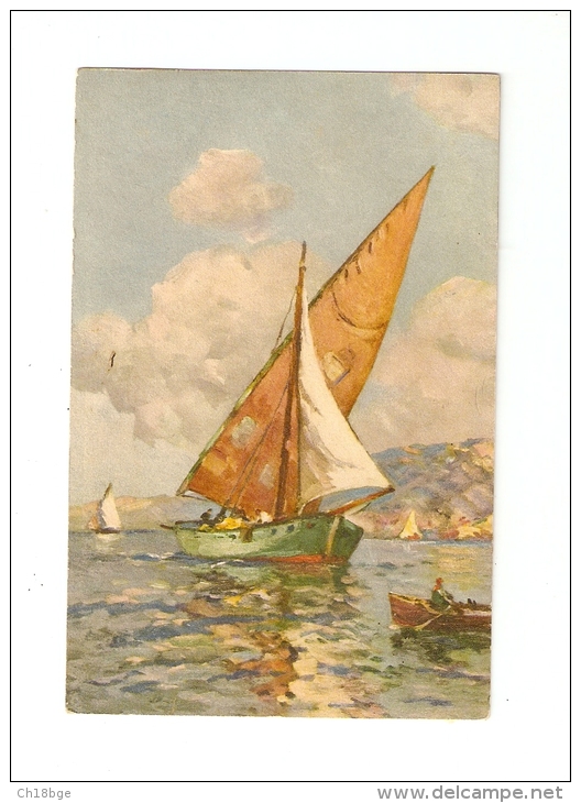 CPA : Aquarelle Sur Carte - Voilier + Barque - Contemporain (à Partir De 1950)