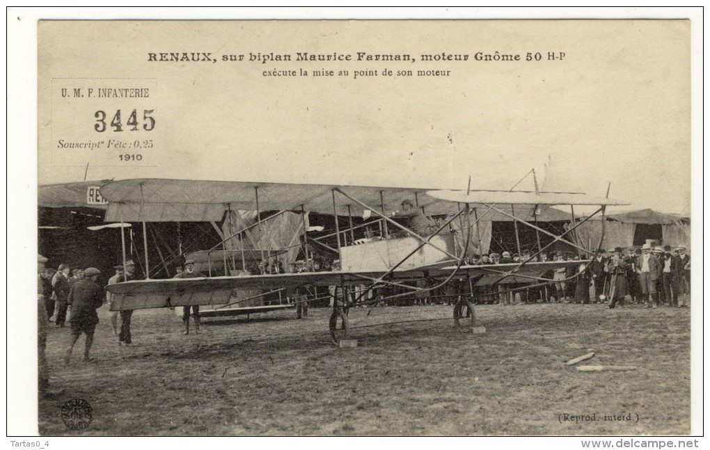 AVION- RENAUX- Sur Biplan Farman Carte Loterie Umf Infanterie Beau Plan Animé Bon Etat - Aviateurs