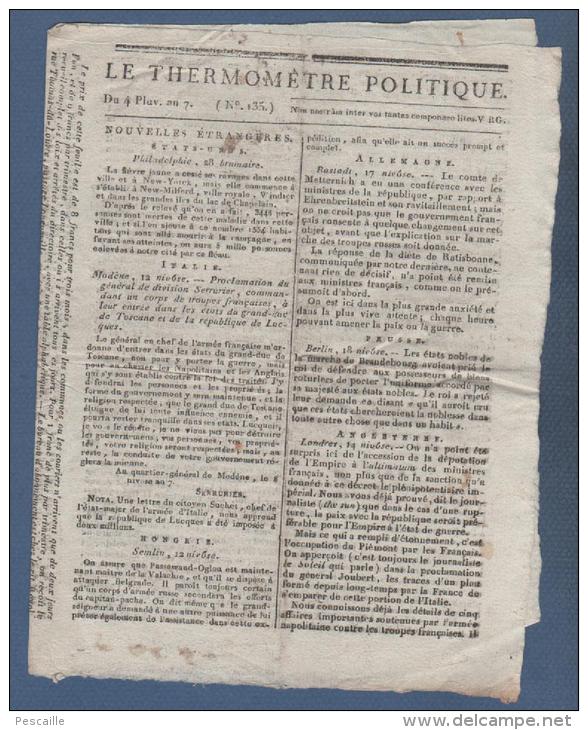 1799 - LE THERMOMETRE POLITIQUE 4 PLUVIOSE AN 7 - PUNITION DERNIER ROI - ARBRE DE LA LIBERTE - - Kranten Voor 1800