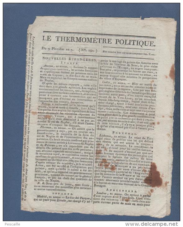 1799 - LE THERMOMETRE POLITIQUE 9 PLUVIOSE AN 7 - NAPLES - CADIX - LISBONNE - PRUSSE - PARIS DEBACLE SEINE - TRIBUNAUX - Kranten Voor 1800