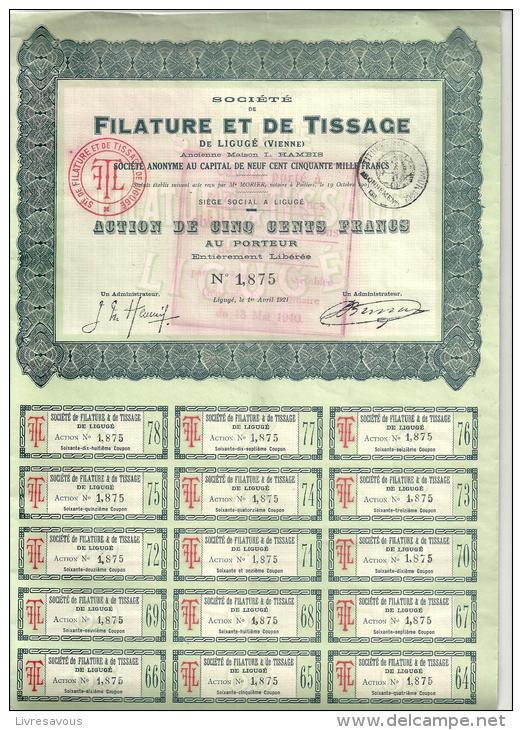 Action De 500 Francs N° 1875 De La Société Filature Et De Tissage De Ligugé (86) De 1921(Ancienne Maison Hambis) - Textiel