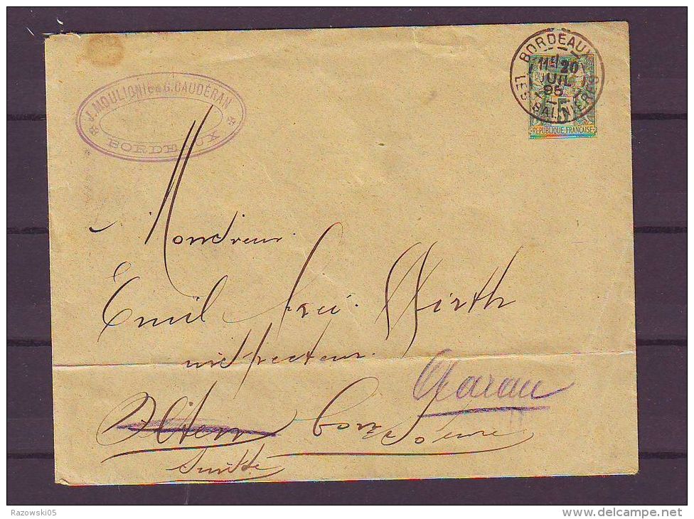 FRANCE.LETTRE.ENTIER POSTAL.BORDEAUX.1895.AARAU.OLTEN.SUISSE.HELVETIA.MOULIGNIER.GAUDERAN.GIRONDE.33. - Enveloppes Types Et TSC (avant 1995)