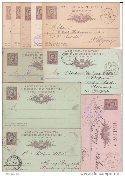 ITALIE - 1879/1890 - UMBERTO I° - 9 CARTES ENTIER POSTAL DATES DIFFERENTES Dont 1 Avec REPONSE PAYEE + 1 REPONSE - Entiers Postaux