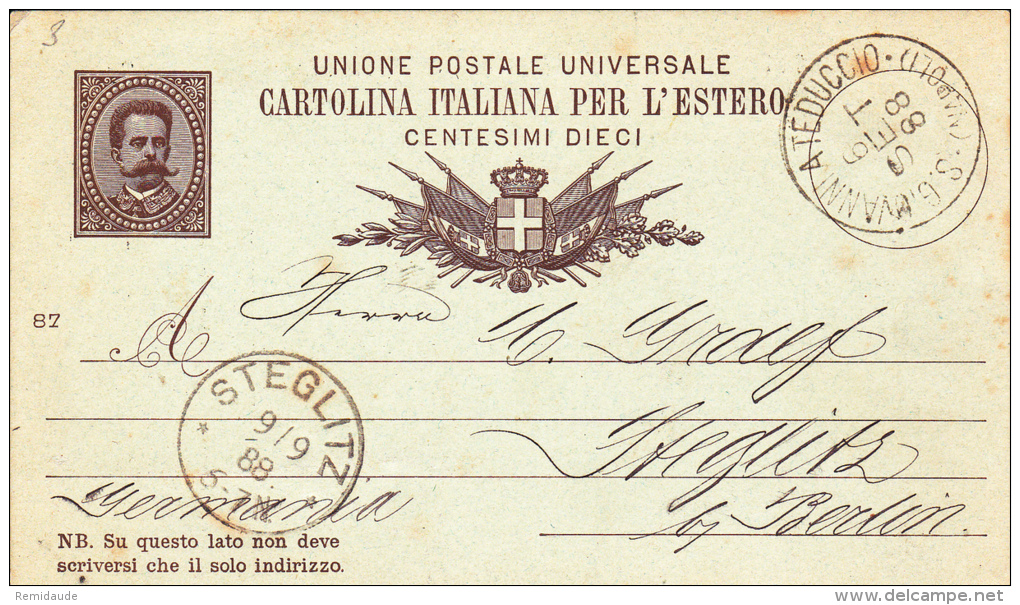 ITALIE - 1888 - UMBERTO I° - CARTE ENTIER POSTAL Avec REPIQUAGE PRIVE "DAMMANN" De SAN GIOVANNI A TEDUCCIO - Entiers Postaux