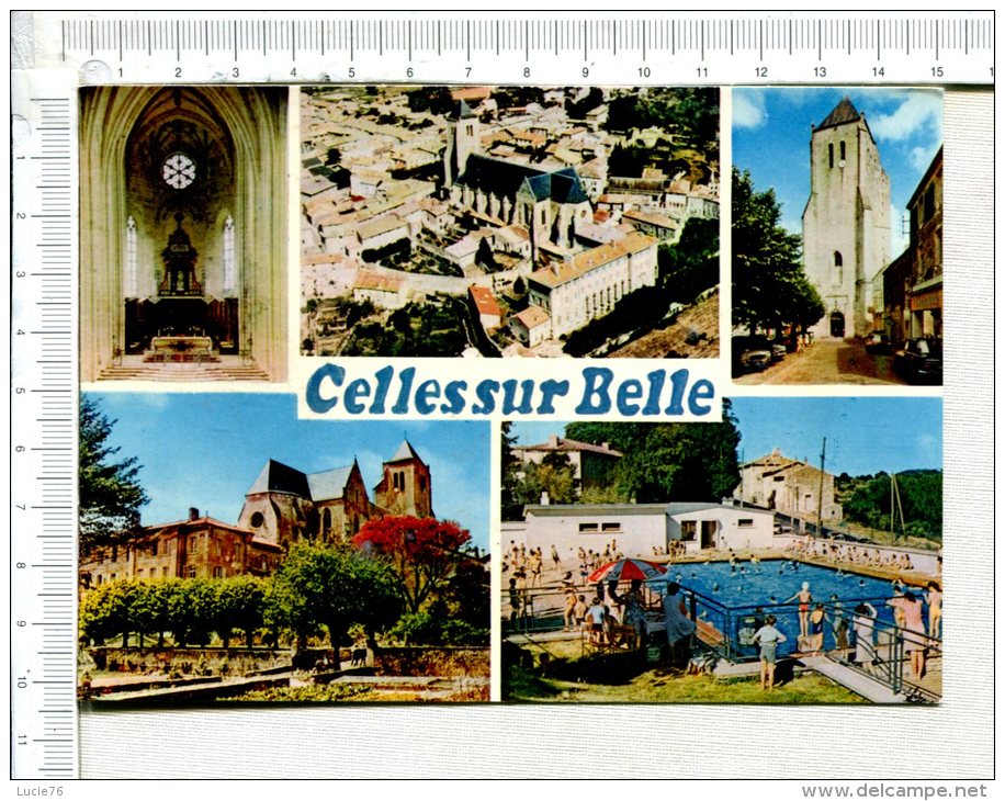 CELLE SUR BELLE - 5 Vues  :  Intérieur De L Eglise - Vue Générale Aérienne - Eglise Abbatiale NOTRE DAME - La Piscine - Celles-sur-Belle