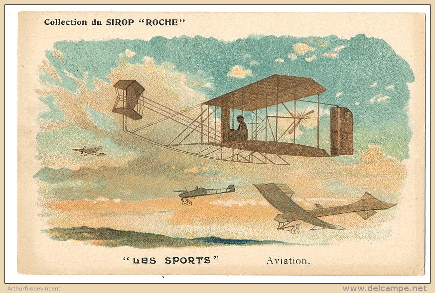 CARTE LITHOGRAPHIE SUR L´AVIATION  - LES FOUS VOLANTS- PUB SIROP ROCHE  DEUX SCAN - Autres & Non Classés