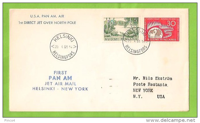 FINLANDIA SUOMI FINLAND BUSTA VIA POLARE FIRST FLIGHT PAN AM JET AIR MAIL HELSINKI - NEW YORK 25-4-1961 - Brieven En Documenten