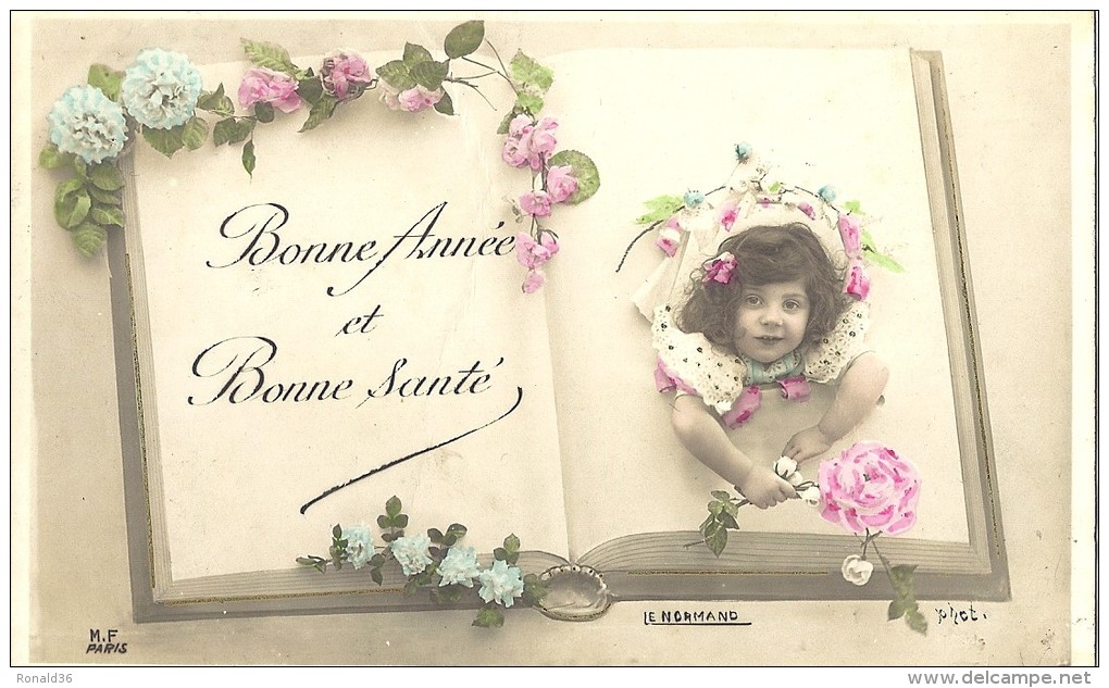 Cp BONNE ANNEE ( Surréaliste Sortie D´un Livre ) Enfant Fillette Dentelle Coiffure Adr 19 Rue De La Pitié PARIS - Humorous Cards