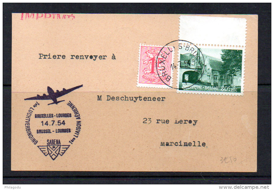 946 Sur C.P. 1er Liaison Aérienne Bruxelles – Lourdes Par Sabena - Lettres & Documents