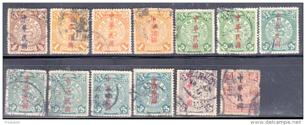 CHINE - LOT DE 13 TIMBRES  Obl   (1912)  DRAGONS Surchagés - 1912-1949 Republik