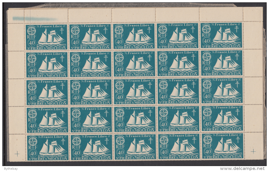 St Pierre Et Miquelon 1942 MNH Sc 304 Complete Sheet Of 50 40c St. Malo Fishing Schooner - Blocchi & Foglietti