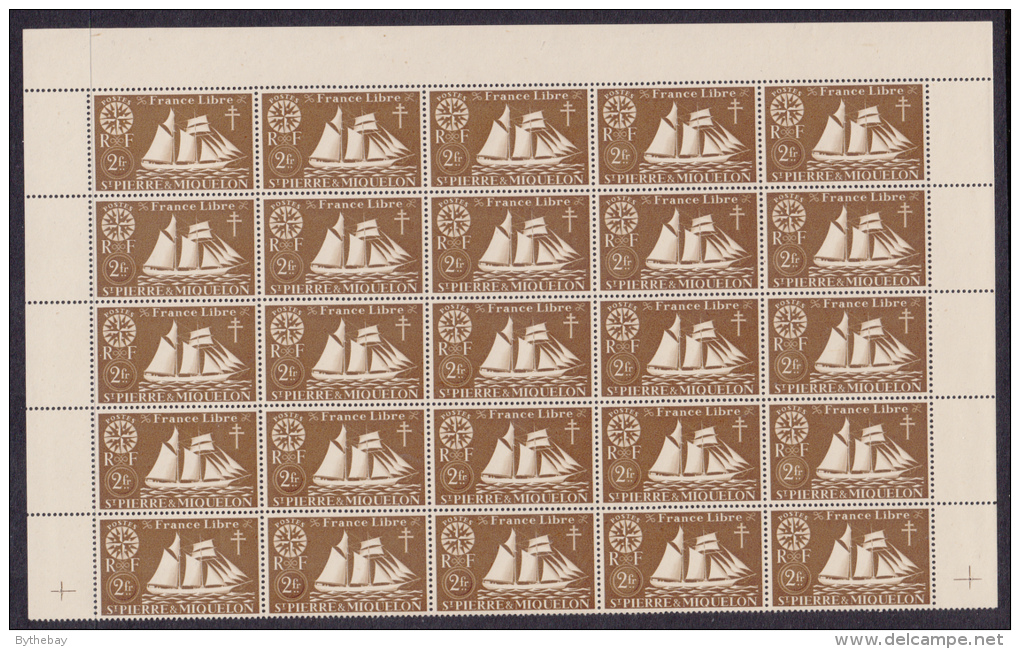 St Pierre Et Miquelon 1942 MNH Scott #308 Block Of 25 2fr St. Malo Fishing Schooner - Blocks & Kleinbögen