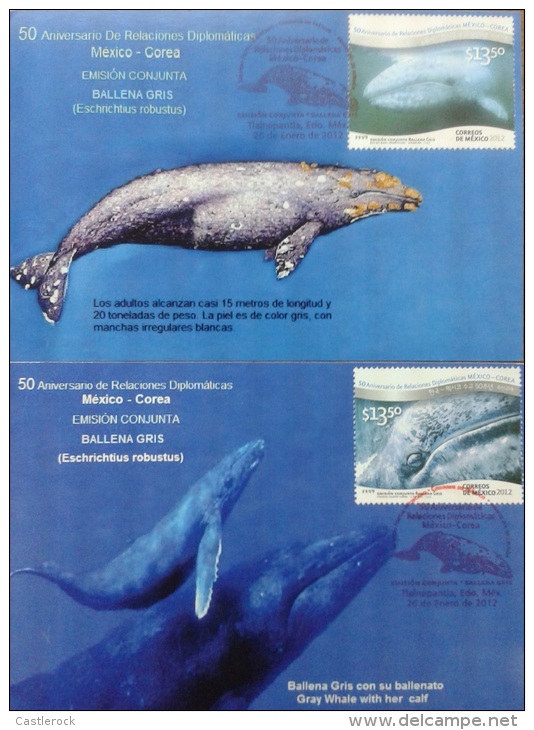 G)2012 MEXICO, 3RD SET, 50TH ANNIVERSARY OF DIPLOMATIC RELATIONS MEXICO-KOREA JOINT ISSUE GRAY WHALE 2 MAXI CARD, XF - Mexique