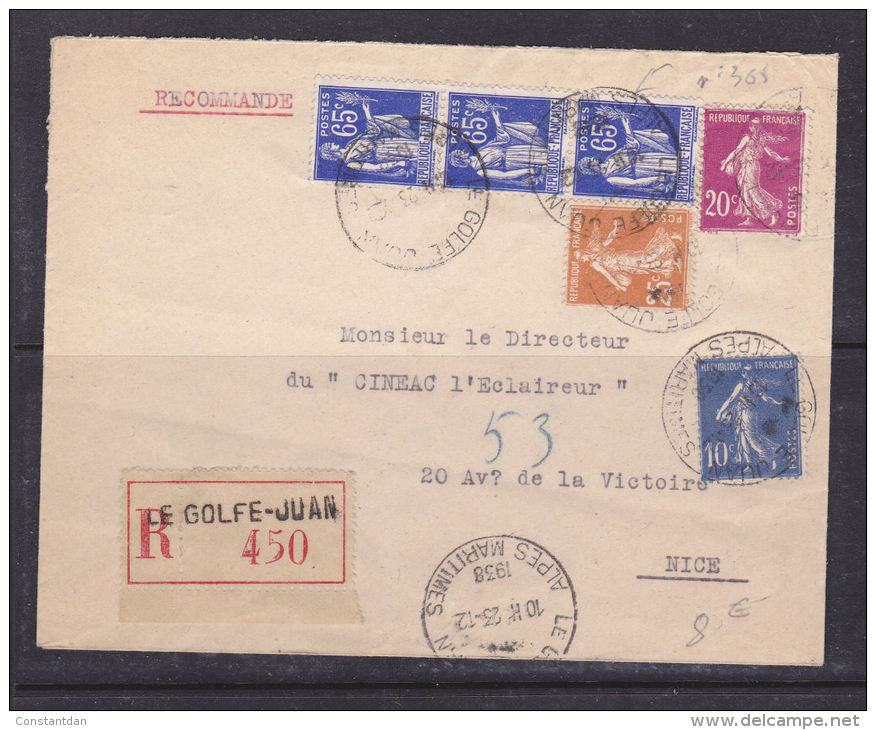 FRANCE LETTRE RECOMMANDEE AVEC 65C TYPE PAIX + DIVERSES SEMEUSES EN DATE DU 23.12.1938 - Lettres & Documents