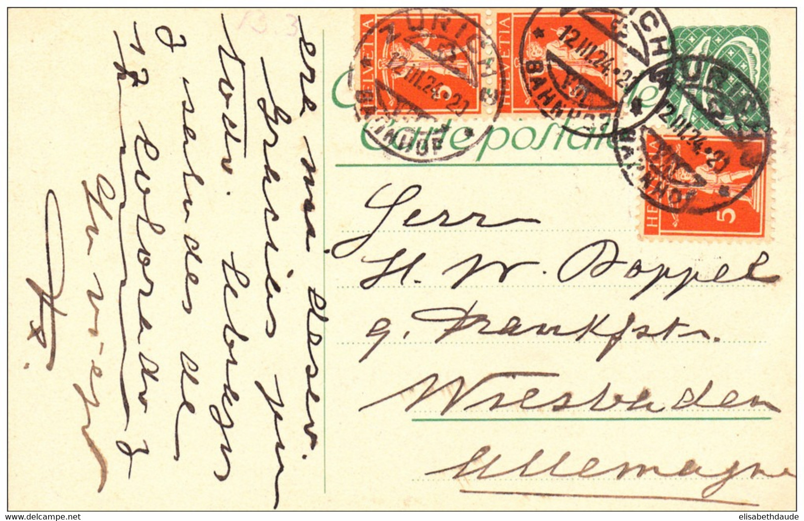 SUISSE - 1924 - CARTE POSTALE ENTIER De ZÜRICH Pour WIESBADEN (GERMANY) - Stamped Stationery