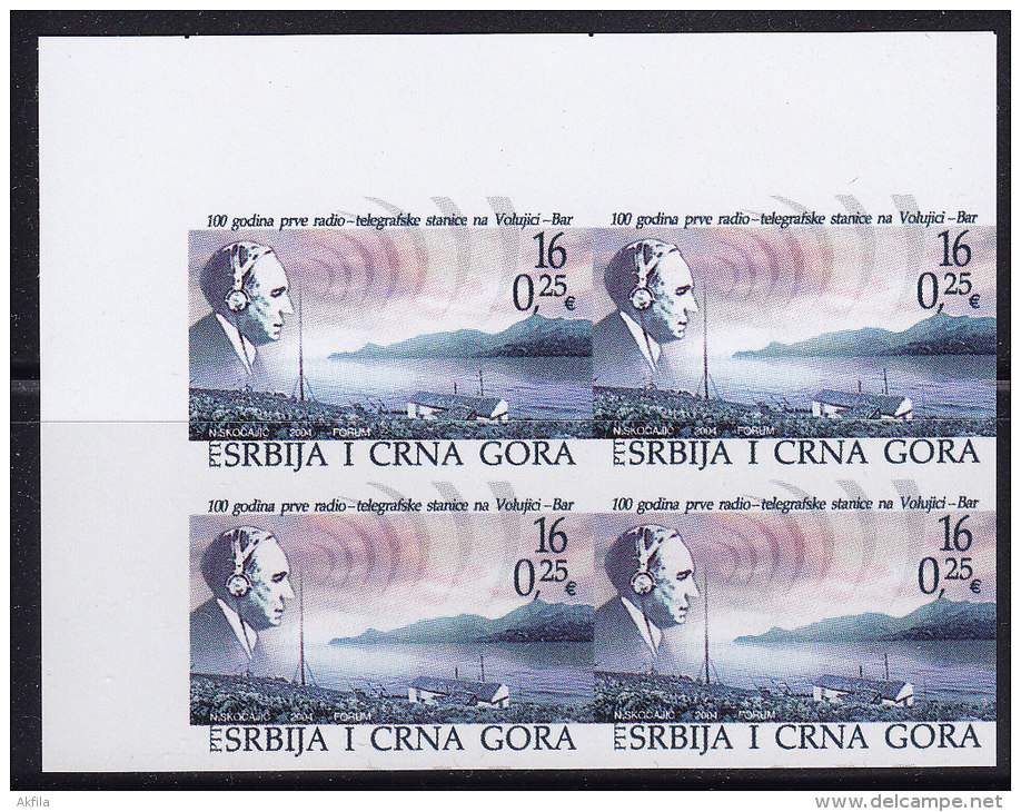 1682. Serbia And Montenegro (Yugoslavia), 2004, Radio - Telegraph Station Volujica-Bar, Imperforated,block Of 4,MNH (**) - Serbia