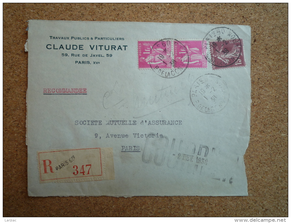 Enveloppe Recommandée Claude Viturat Affranchissement Composé Type Semeuse Et Type Paix Paris 60 Rue De La Convention - 1921-1960: Periodo Moderno