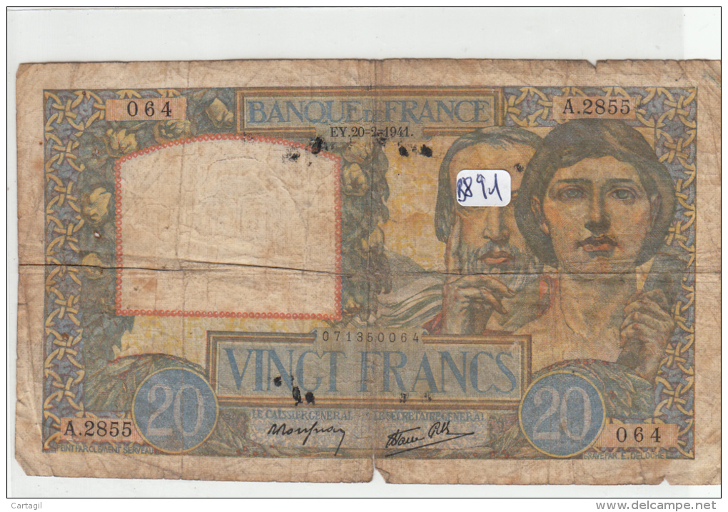 Billets - B891 - France    - Billet 2  Francs 1941 ( Type, Nature, Valeur, état... Voir 2scans) - 20 F 1939-1942 ''Science Et Travail''