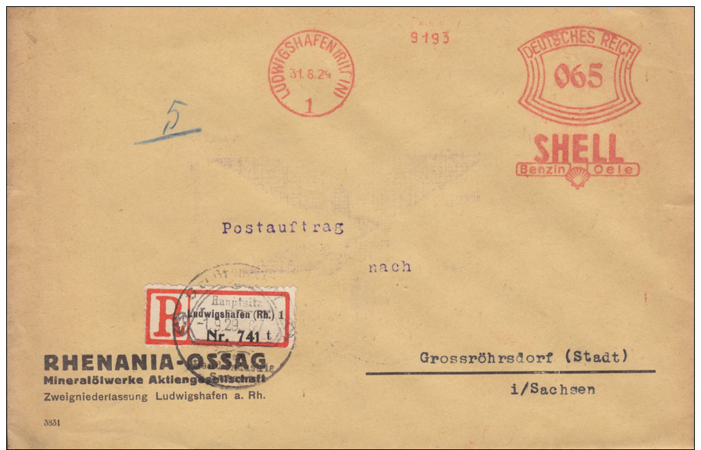 LUDWIGSHAFEN (RHEIN) - Fa.Freistempel - 065 - Auf Sauberem EINSCHREIBEN - BRIEF - 1929 - Maschinenstempel (EMA)