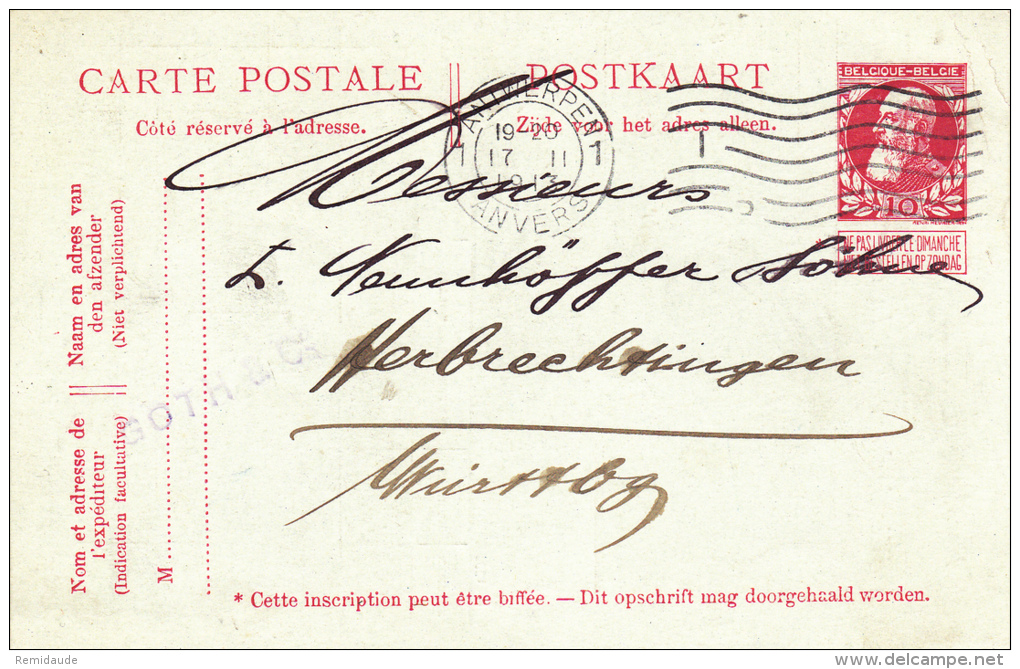 BELGIQUE - 1913 - CARTE POSTALE ENTIER Avec REPIQUAGE PRIVE "GOTH And Co" De ANVERS - Briefkaarten 1909-1934