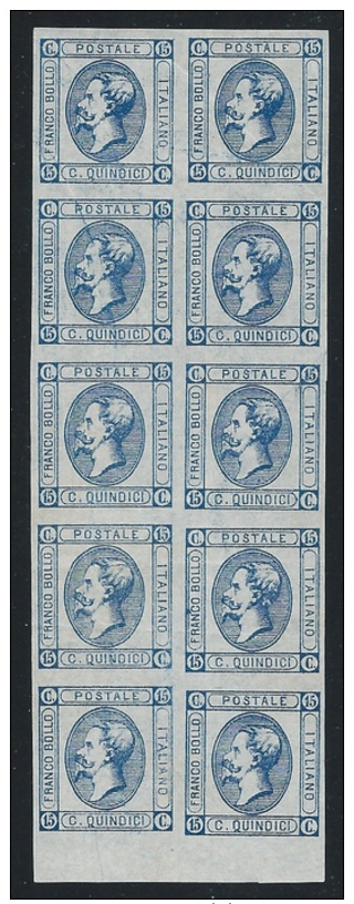 Italy 1863, Scott #23a, Sassone #12, Block Of 10, 15c Blue, Type I, Printed On Both Sides, From Printer´s Waste - Mint/hinged