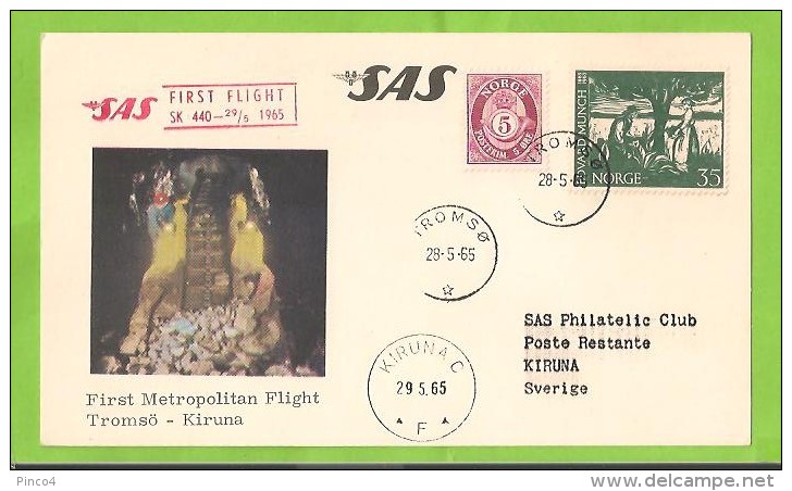 NORVEGIA STORIA POSTALE CARTOLINA PRIMO VOLO SAS TROMSO 1- KIRUNA 28 - 5 - 1965 - Brieven En Documenten