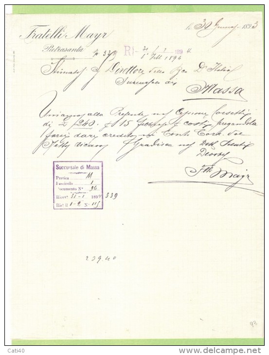 1893- FATTURA PUBBLICITARIA-PIETRASANTA-FRATELLI MAYR - Italia