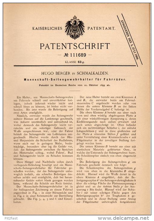 Original Patentschrift - Seitengewehr - Halter Für Fahrrad , 1899 , H. Berger In Schmalkalden , Gewehr , Jagd , Miltär ! - Ausrüstung