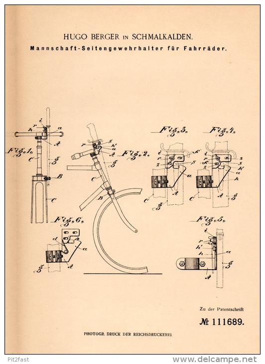 Original Patentschrift - Seitengewehr - Halter Für Fahrrad , 1899 , H. Berger In Schmalkalden , Gewehr , Jagd , Miltär ! - Ausrüstung