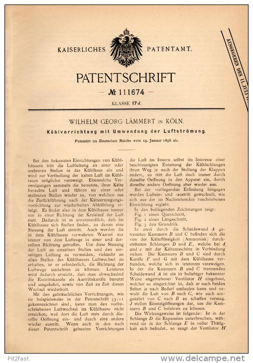 Original Patentschrift - W. Lämmert In Köln A.Rh., 1898 , Kühlvorrichtung , Kühlhaus , Klimaanlage !!! - Historische Dokumente