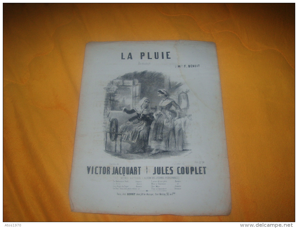 ANCIENNE PARTITION  LA PLUIE ROMANCE A MME F. BENOIT / PAROLES DE VICTOR JACQUART MUSIQUE DE JULES COUPLET DATE ? - Partituren