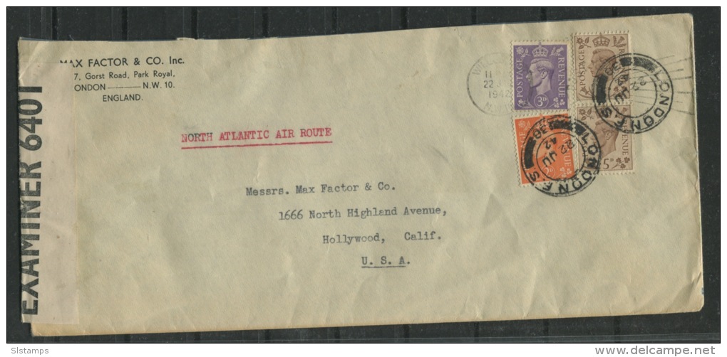 Great Britain 1942   Cover Revenue  London- USA Censored - Revenue Stamps