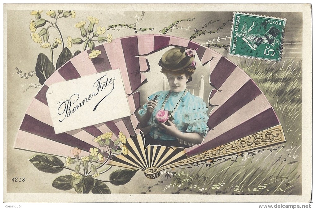 Cp BONNE FETES ( Surréaliste Femme Sortie D´un éventail ) Mode Dentelle Coiffure Rose ADR Boulogne Sur Seine - Humorous Cards