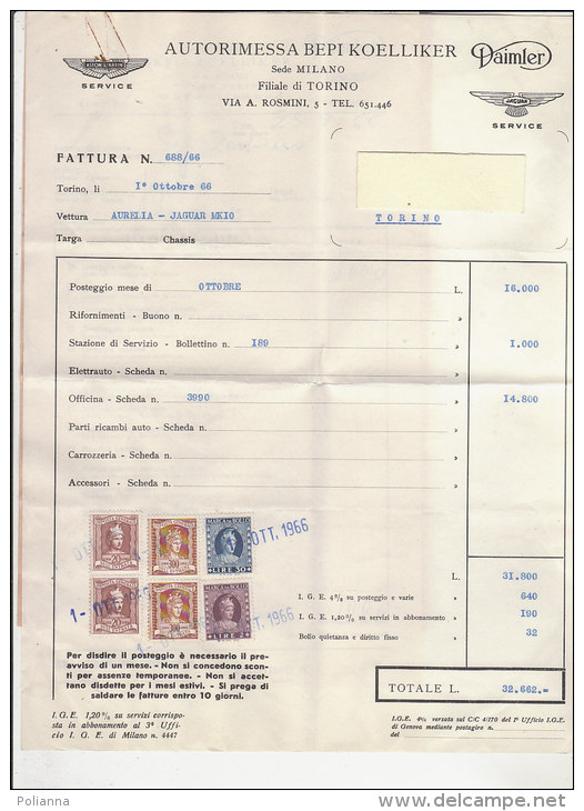 PO9866B# FATTURA CARTA INTESTATA AUTORIMESSA ASTON MARTIN DAIMLER TORINO - AUTO LANCIA AURELIA - JAGUAR MK10  1966 - Italia