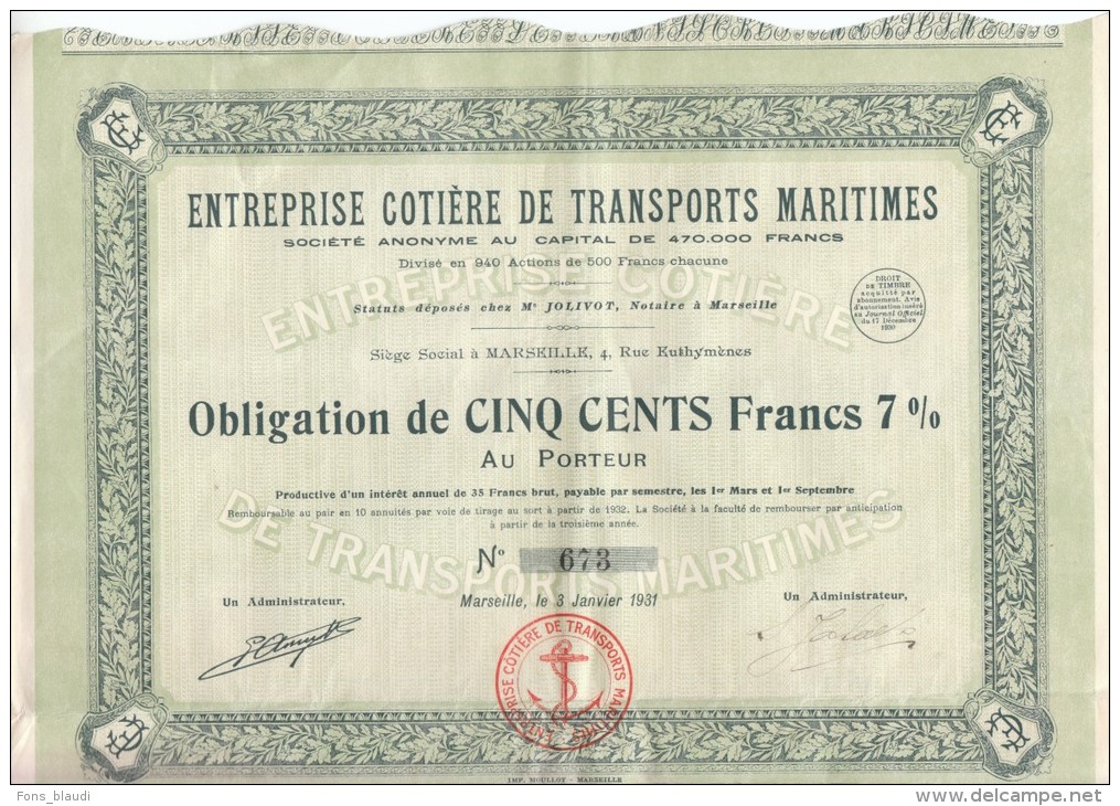 RARE - MARSEILLE - Entreprise Cotière De Transports Maritime 1931 - Tiré à 940 Ex. FRANCO DE PORT - Navigation