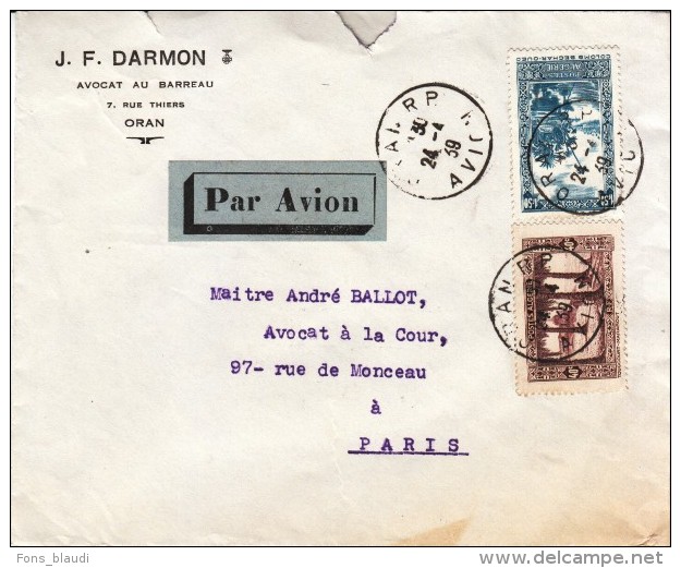 LETTRE D´Oran Pour Paris Du 24 Mars 1939 Avec CàD Oran RP Avion -  FRANCO DE PORT - Briefe U. Dokumente